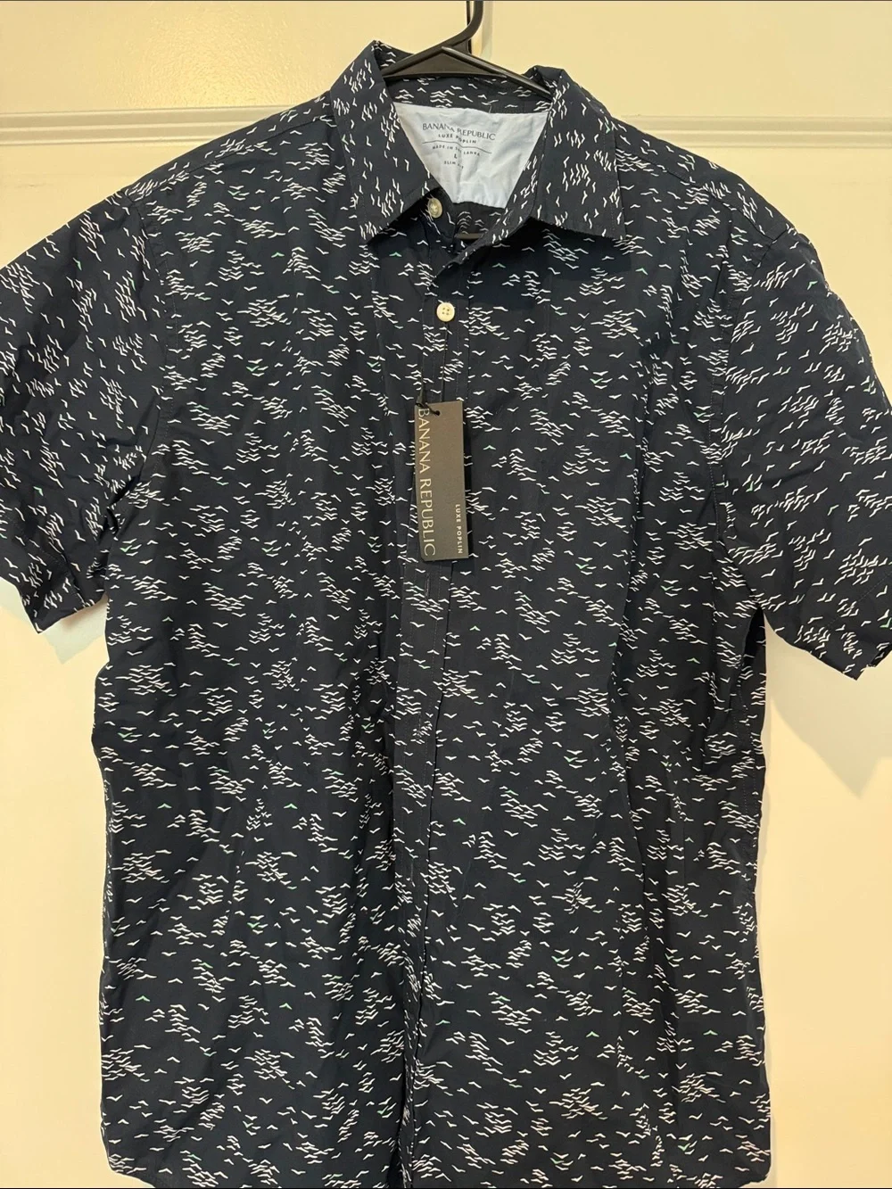 Banana Republic Navy Button-Down with White & Green Abstract Print